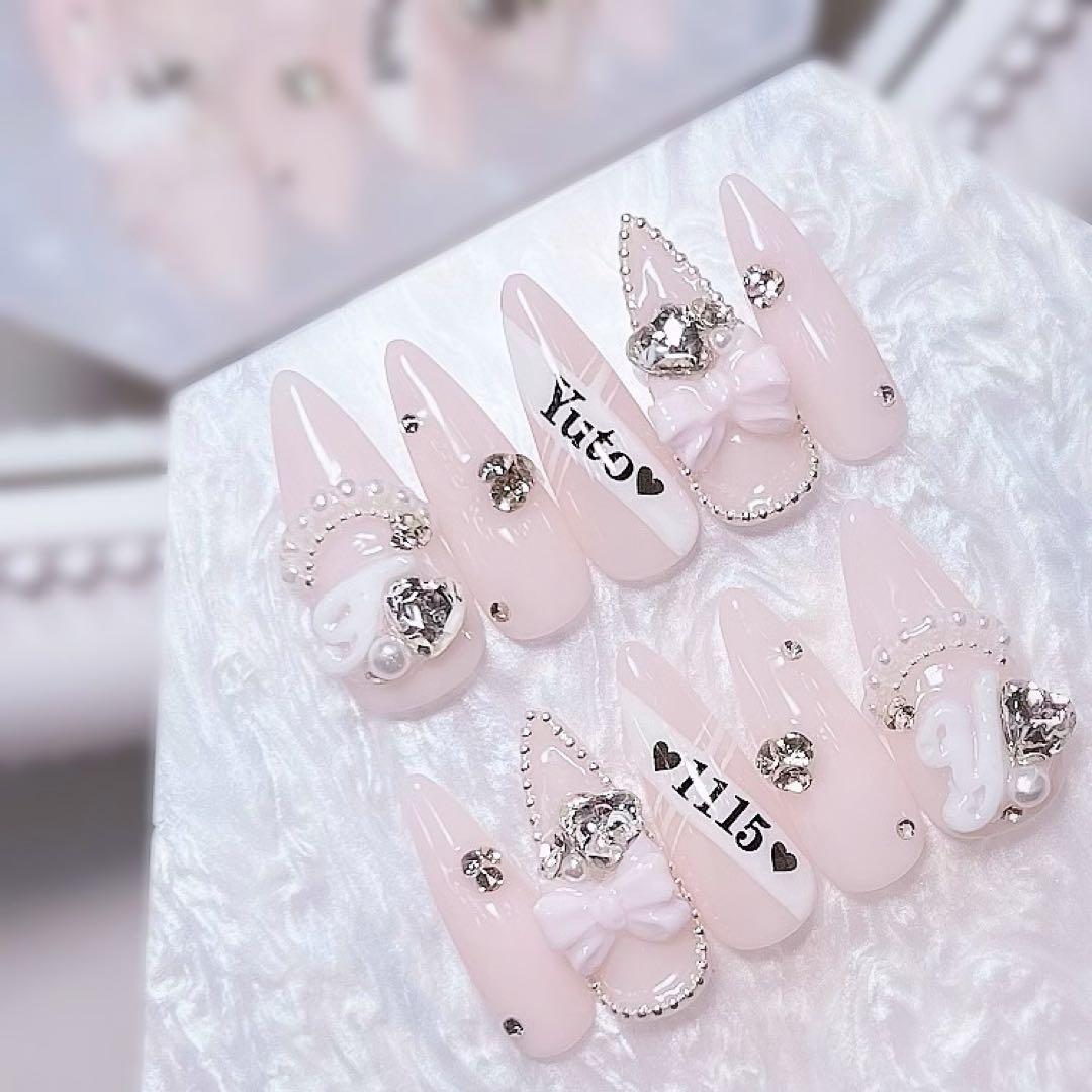 ネイルチップ 量産型 韓国 ちゅるん 現品 リボン ハート ピンク ヲタク