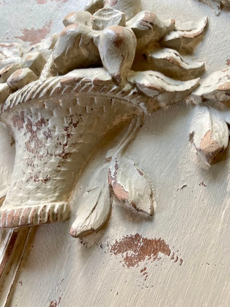 フランス アンティーク 花かご リボン 木製プレート家具装飾 フレンチグレー