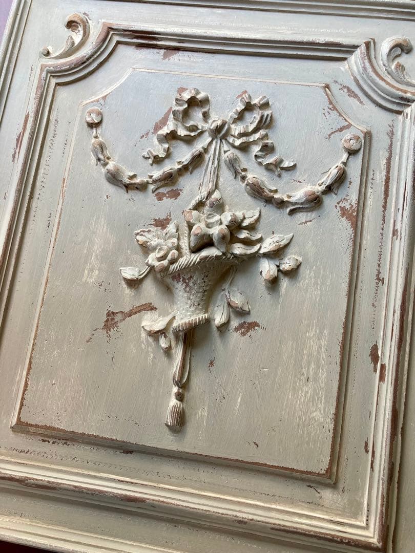 フランス アンティーク 花かご リボン 木製プレート家具装飾 フレンチグレー