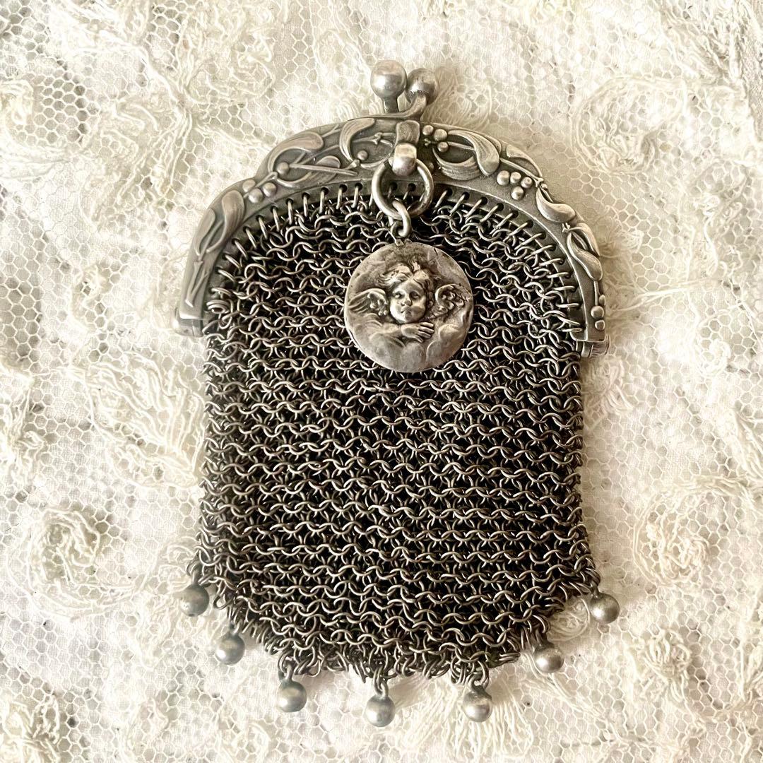 純銀製天使付きシルバーヤドリギモチーフコインパース仕切りあり