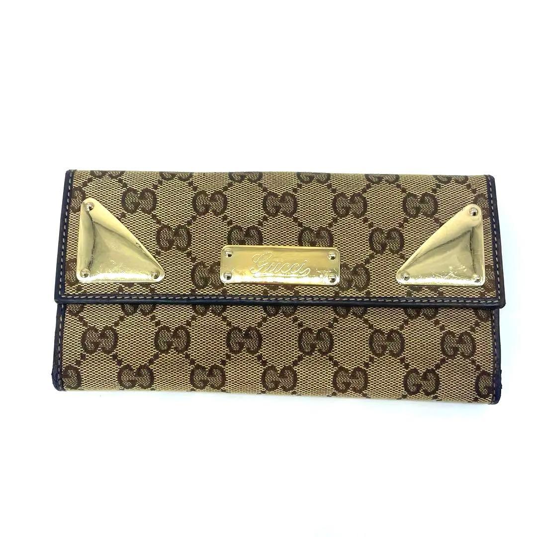 美品✨グッチ GGキャンバス 三角 ゴールドプレート Wホック 長財布 8カード
