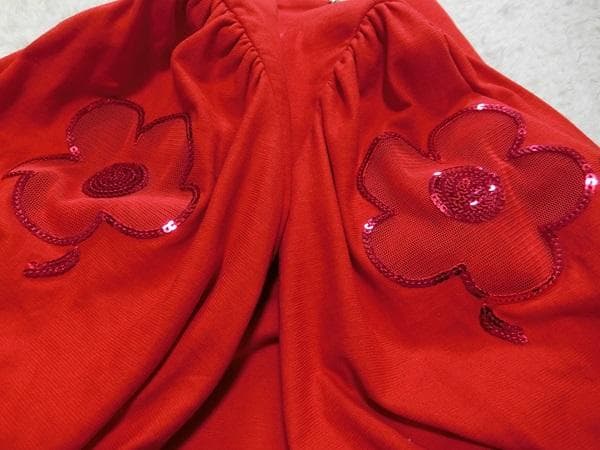 エムズグレイシー　花柄　ウエストリボン　ドッキング　ワンピース　レッド　４０