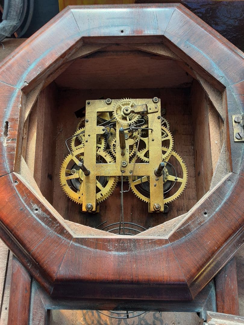 明治時代の八角形の柱掛時計、アメリカ製、機械式、ボンボン時計、調整済動作品