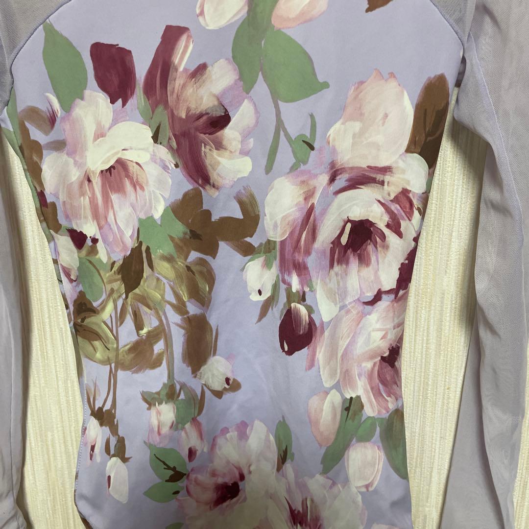 薄紫色 花柄 長袖 レオタード