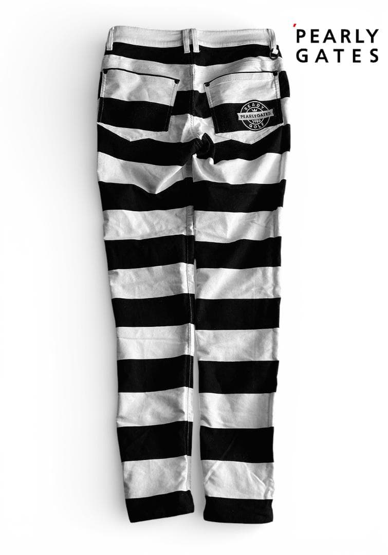 美品 パーリーゲイツ 肉厚ストレッチ 美脚モノトーンボーダーロゴパンツ0