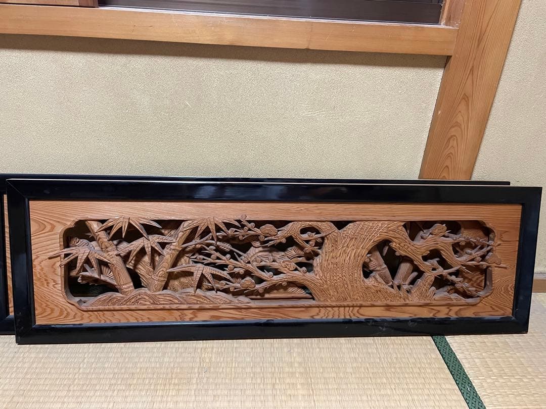 欄間 漆 松竹梅 手彫り 1対