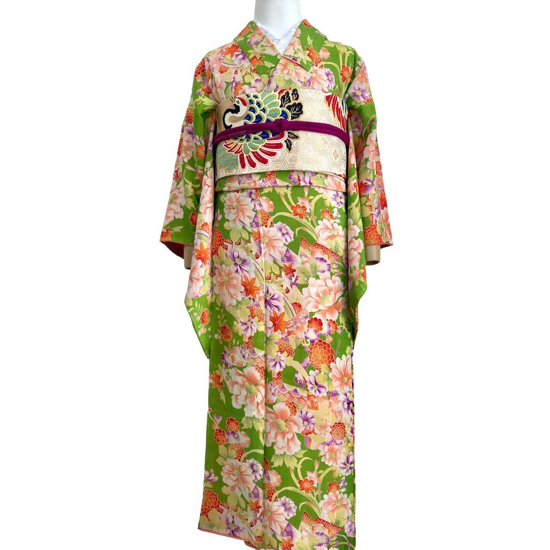 若草色 アンティーク着物 縮緬 ジュニア 十三詣り NO26 - メルカリ