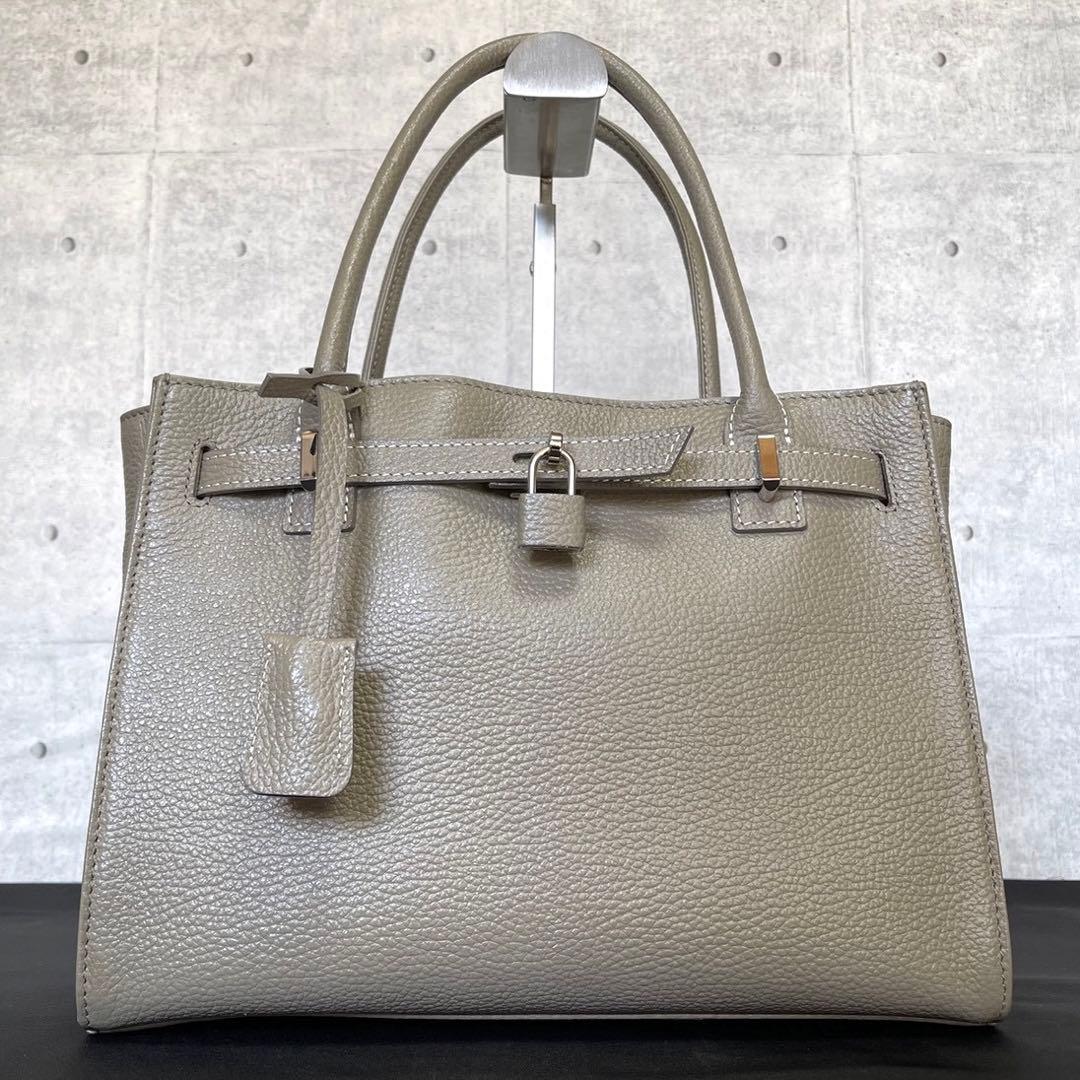 未使用級】傳濱野 den HAMANO ミーティア グレージュ レザー トート