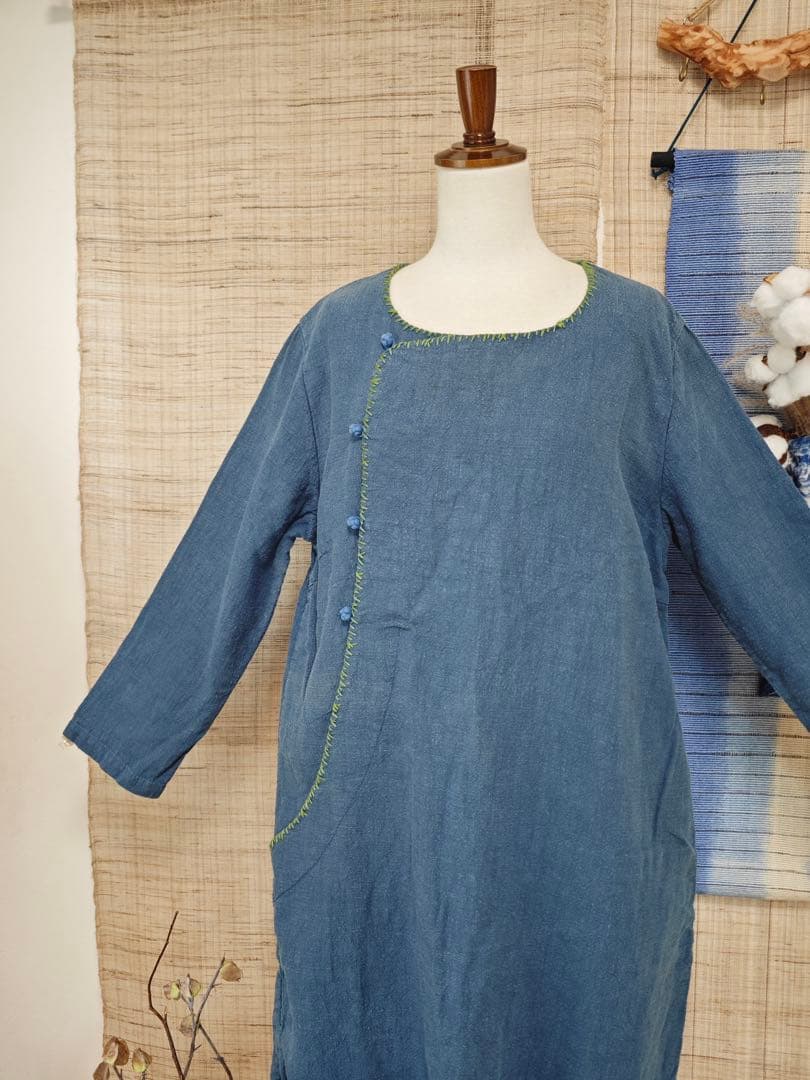 刺し子リネンワンピース　チュニック　裏布付き