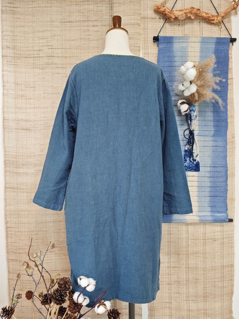 刺し子リネンワンピース　チュニック　裏布付き