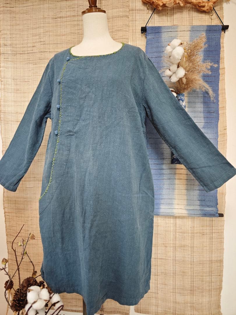 刺し子リネンワンピース　チュニック　裏布付き