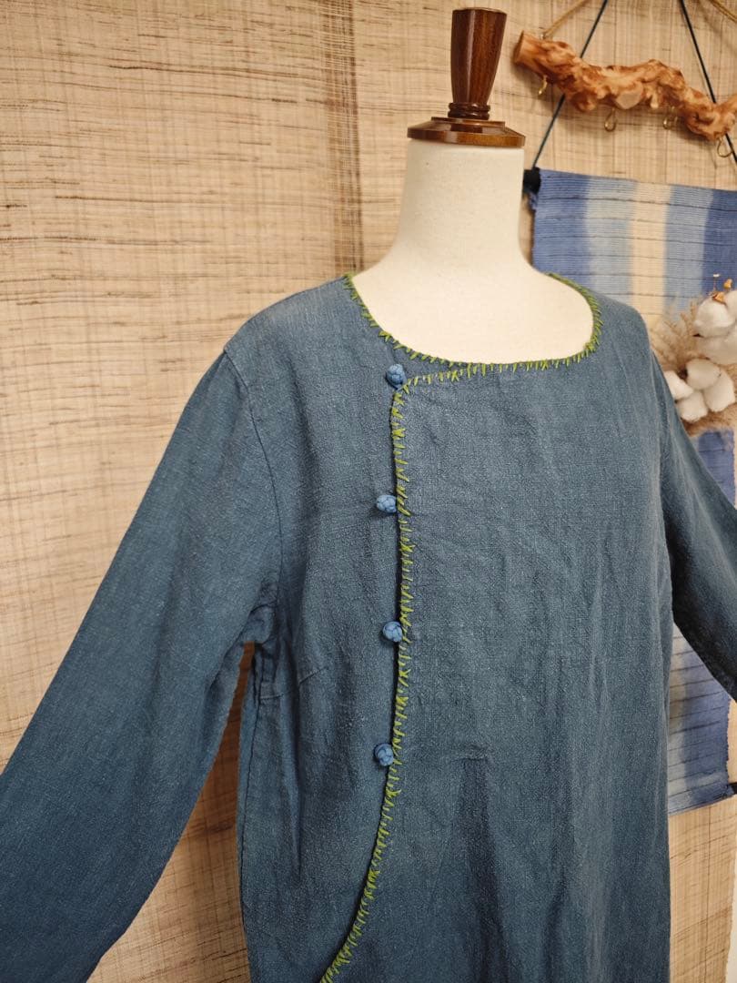 刺し子リネンワンピース　チュニック　裏布付き