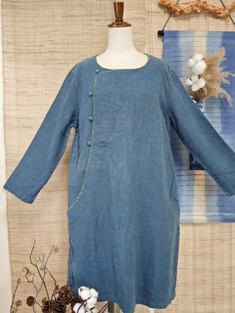 刺し子リネンワンピース　チュニック　裏布付き
