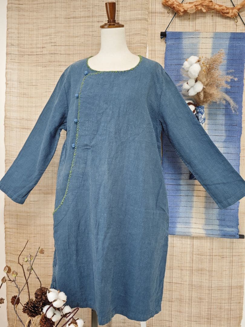 刺し子リネンワンピース　チュニック　裏布付き
