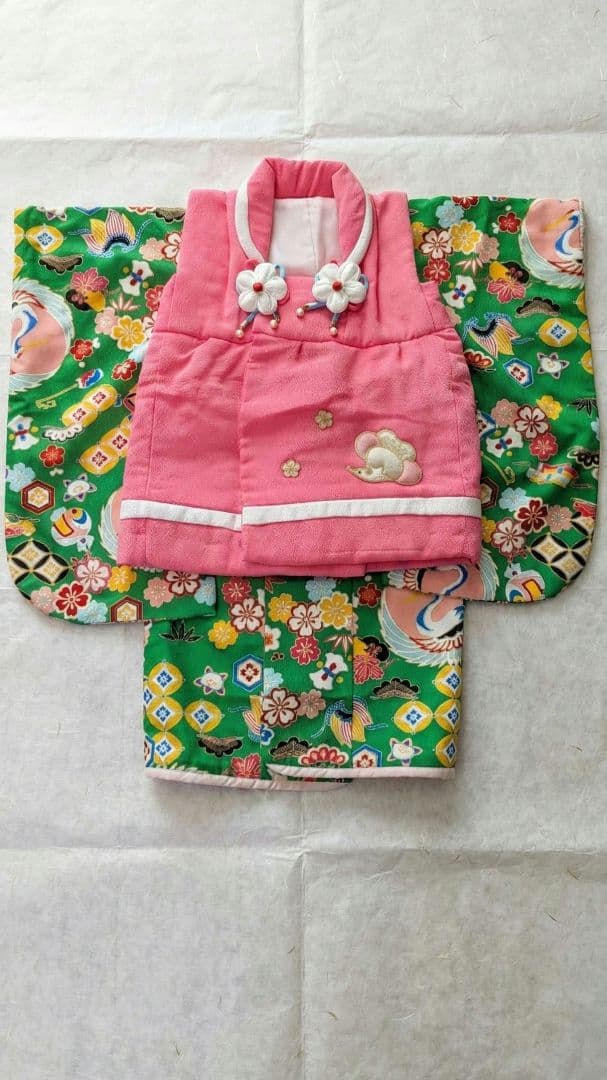 3歳 ぷちぷり緑鶴 七五三 被布セット