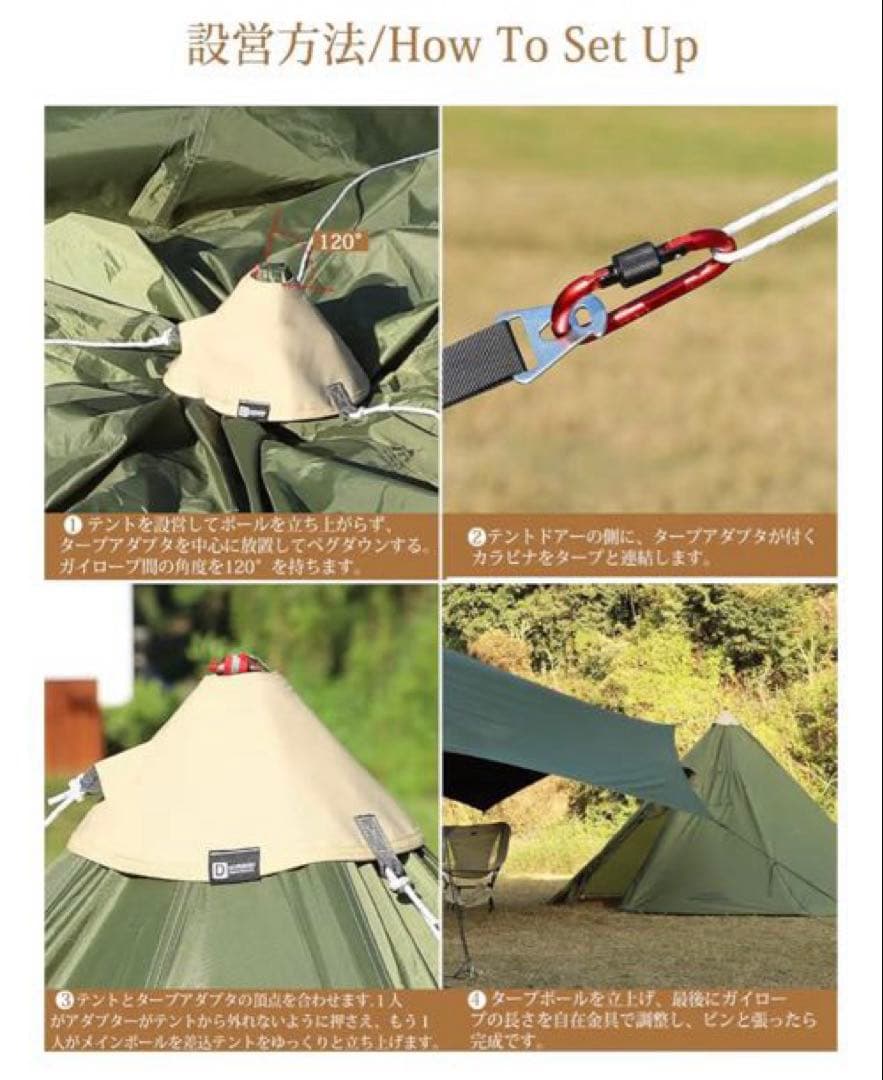 ①TOMOUNT ベルテント 4m TC ②防水シート ③タープ接続部品