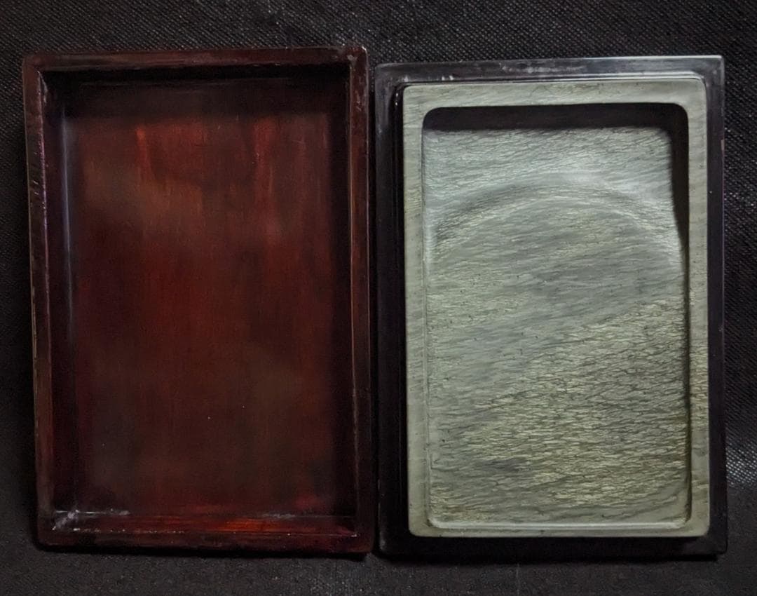 【歙州硯　水波羅紋や金暈金星の美石】◆龍尾山◆唐木共箱◆歙硯◆長方六吋