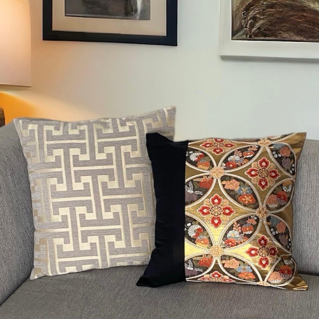 帯リメイク【クッションカバー2枚セット】45×45cm 花七宝文 ゴールド黒