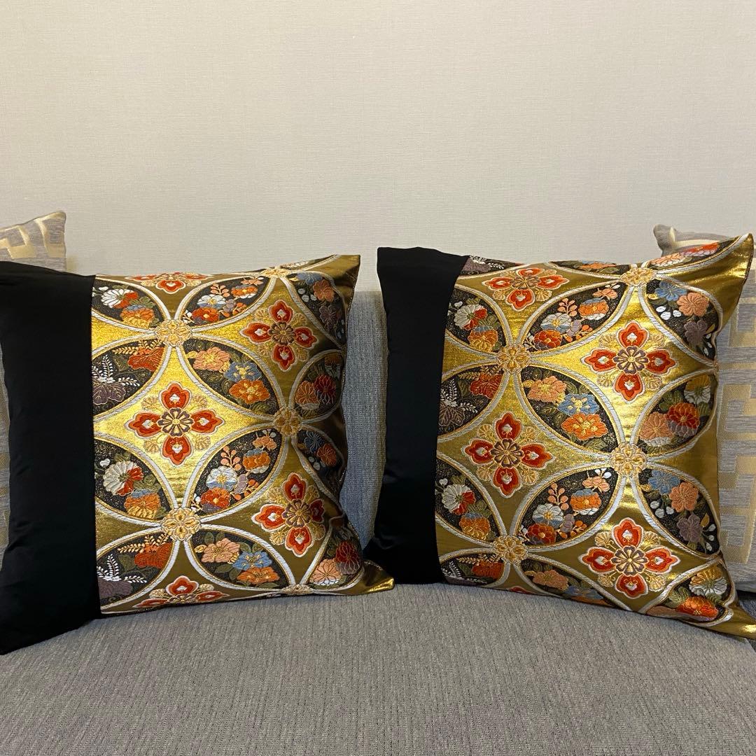 帯リメイク【クッションカバー2枚セット】45×45cm 花七宝文 ゴールド黒
