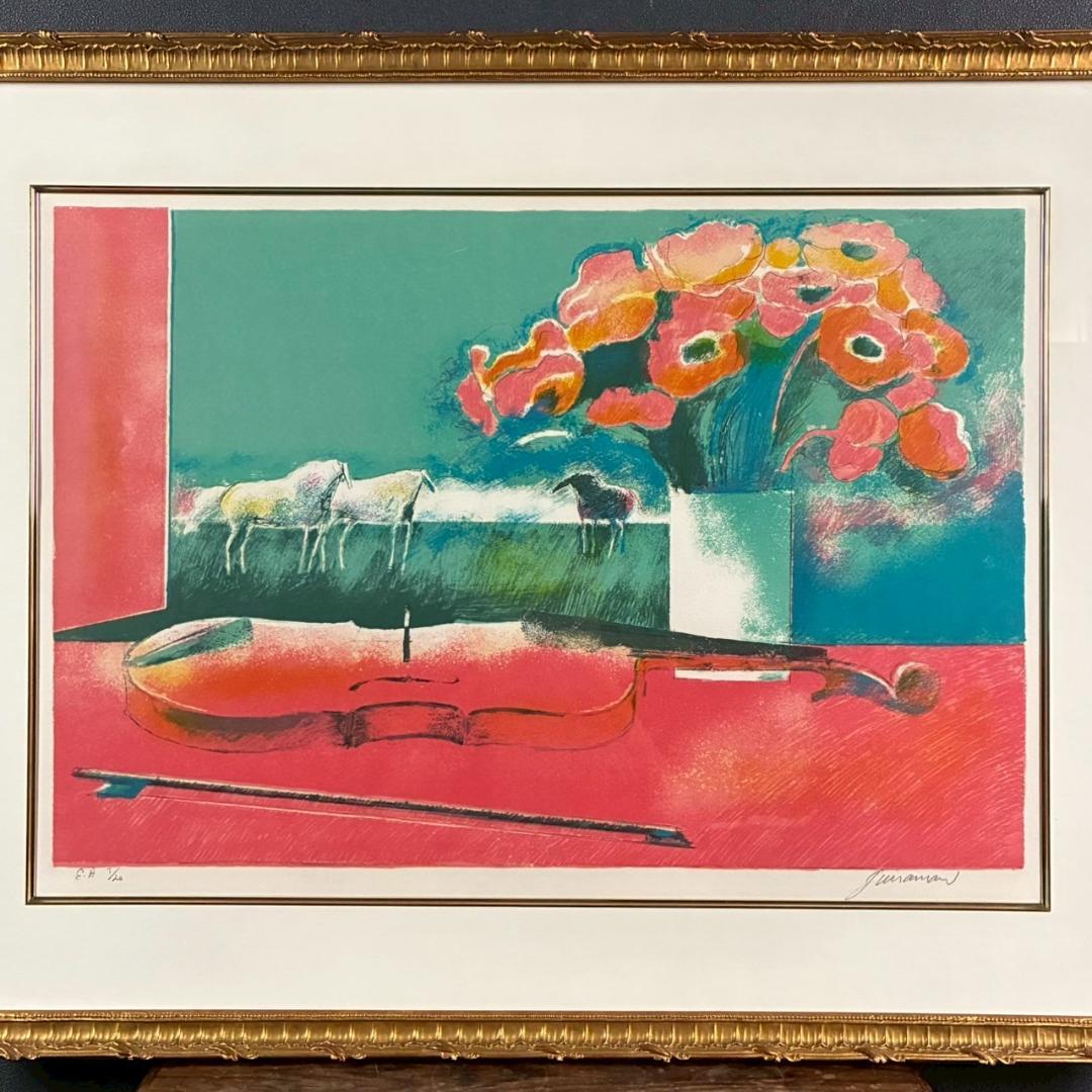 美品 ポール・ギヤマン「赤い花とバイオリンと馬」リトグラフ 直筆サイン入 額縁入