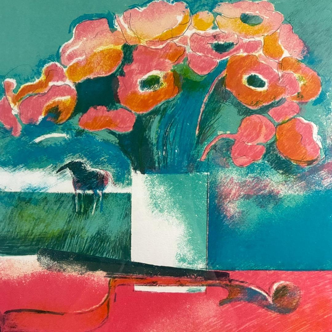 美品 ポール・ギヤマン「赤い花とバイオリンと馬」リトグラフ 直筆サイン入 額縁入