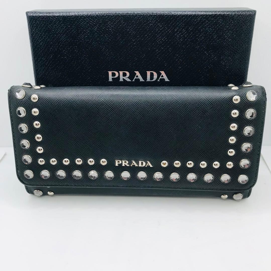 PRADA✨プラダ サフィアーノ スタッズ 長財布 シルバーロゴ金具 ネイビー