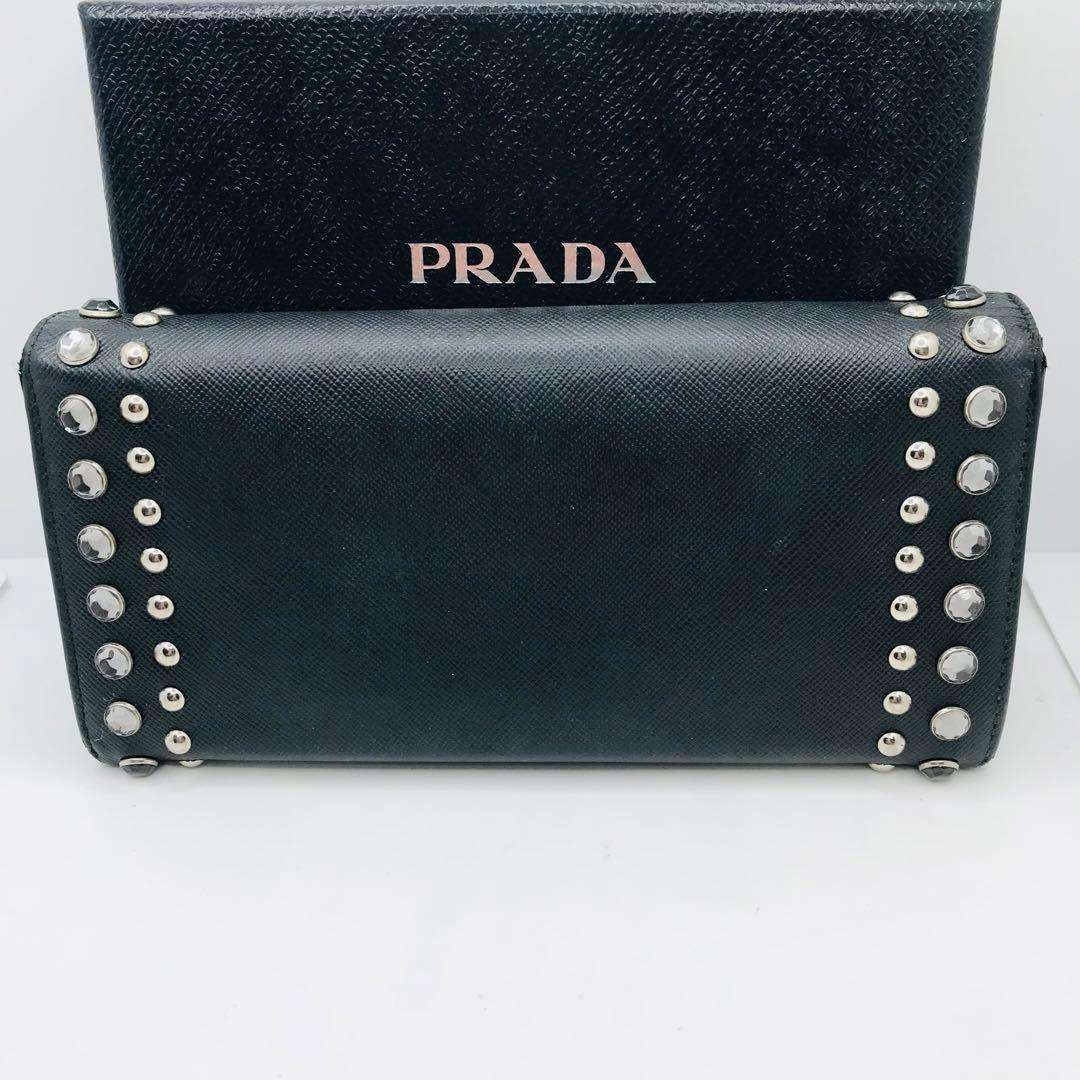 PRADA✨プラダ サフィアーノ スタッズ 長財布 シルバーロゴ金具 ネイビー