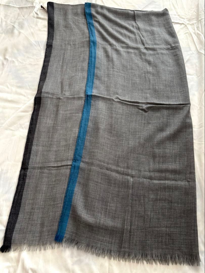 HERMES エルメス　大判ストール　100%カシミア　グレー&ブルー　フリンジ