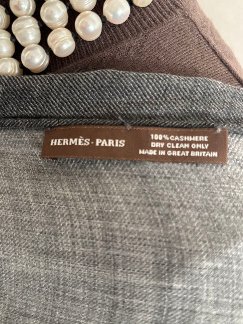 HERMES エルメス　大判ストール　100%カシミア　グレー&ブルー　フリンジ