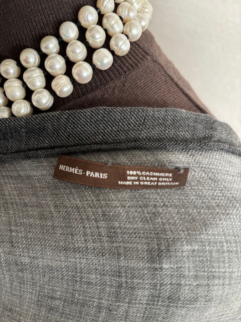 HERMES エルメス　大判ストール　100%カシミア　グレー&ブルー　フリンジ