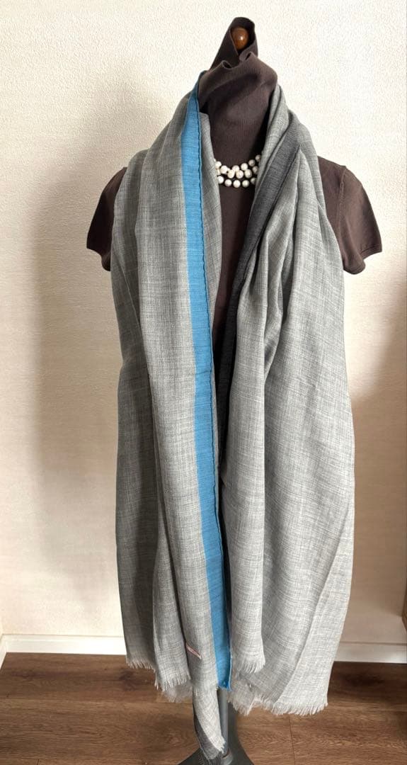 HERMES エルメス　大判ストール　100%カシミア　グレー&ブルー　フリンジ