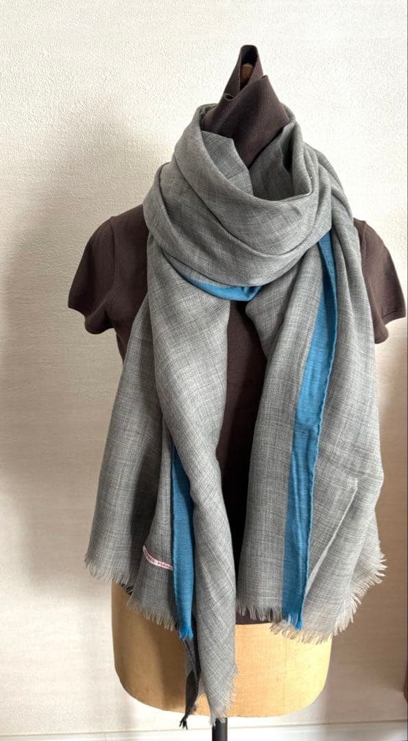 HERMES エルメス　大判ストール　100%カシミア　グレー&ブルー　フリンジ