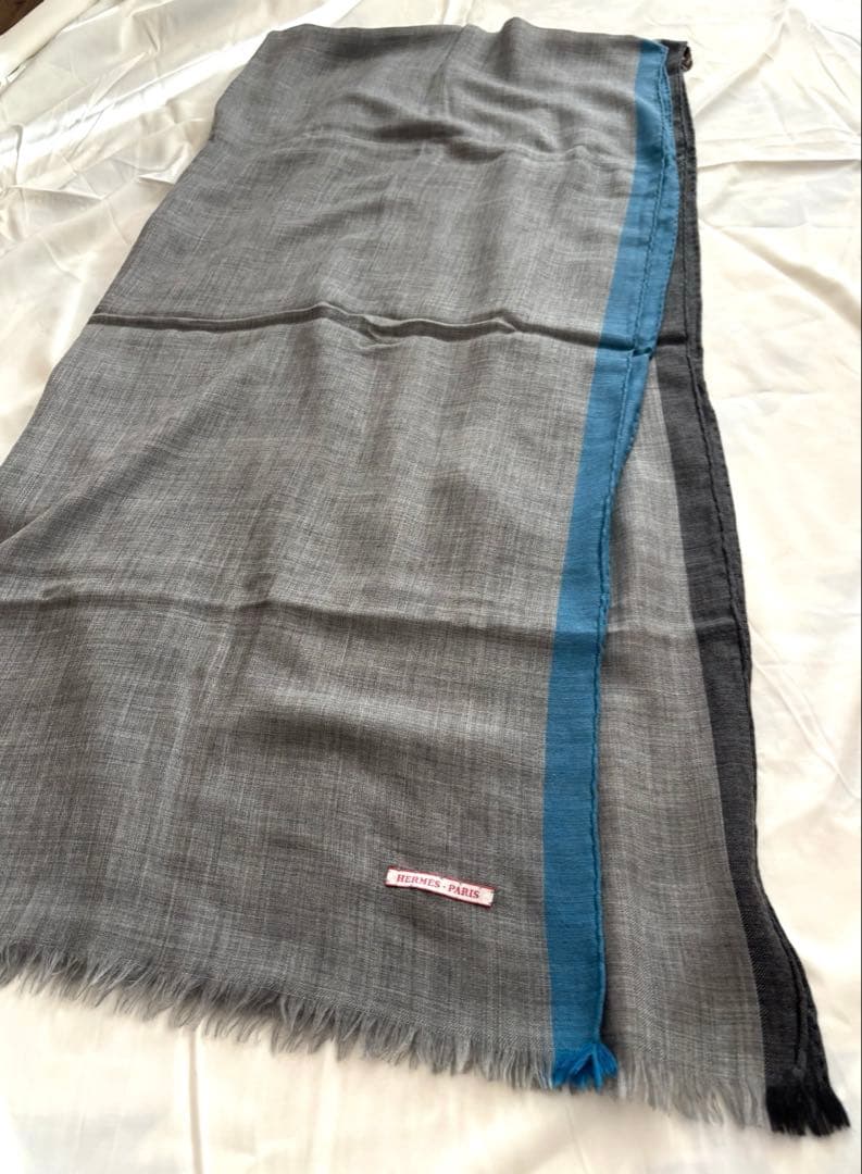 HERMES エルメス　大判ストール　100%カシミア　グレー&ブルー　フリンジ