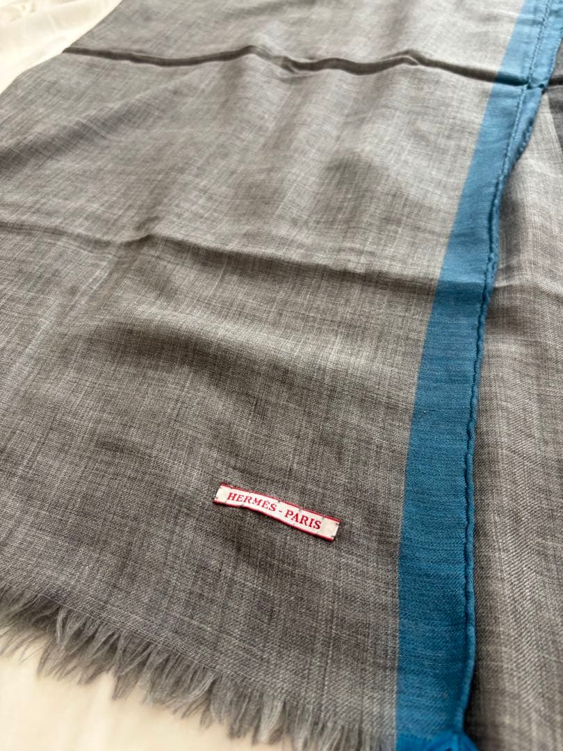 HERMES エルメス　大判ストール　100%カシミア　グレー&ブルー　フリンジ