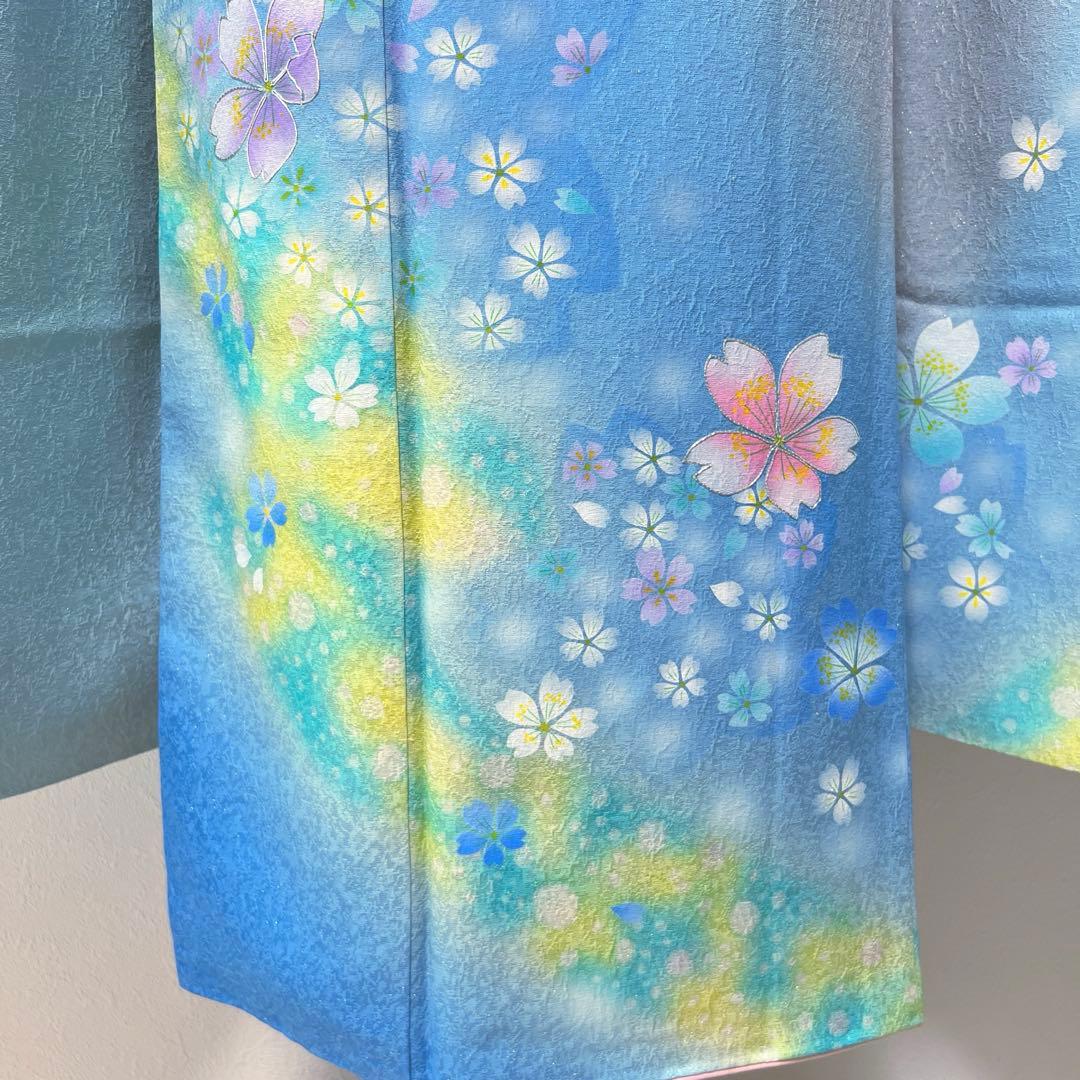 368 振袖フルセット 正絹 水色 ブルーグレー銀彩 駒刺繍 暈し染め お上品