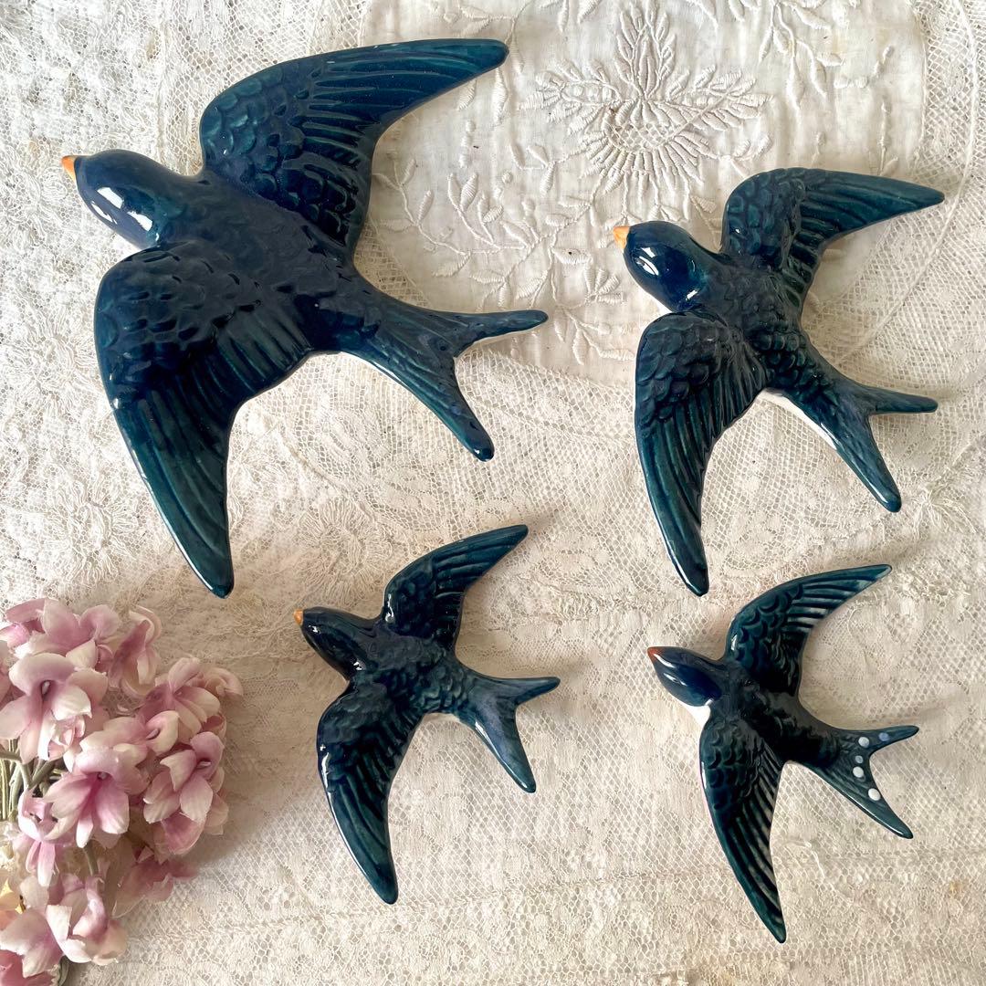 陶器ツバメのオブジェ2個セット① フランスアンティーク　オーナメント　壁飾り　燕