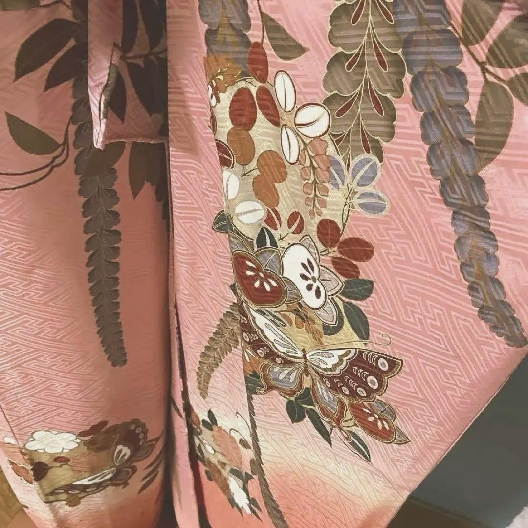 振袖フルセット 手描き友禅 桃色にグレーの古典柄は良家のお嬢様 成人