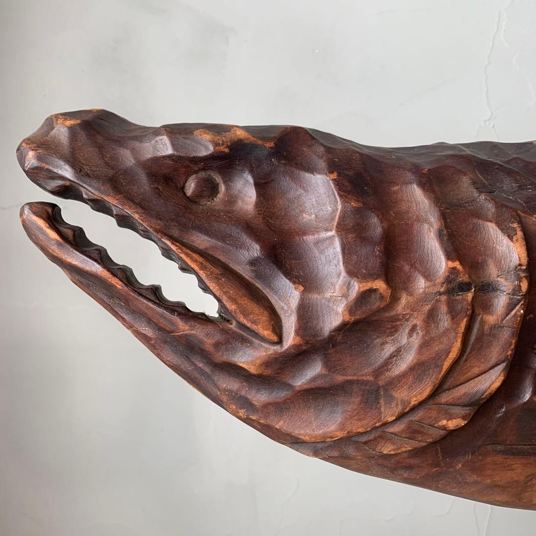 原寸大 木彫りの鮭 木製 壁掛け サーモン 新巻鮭 古道具 看板などに