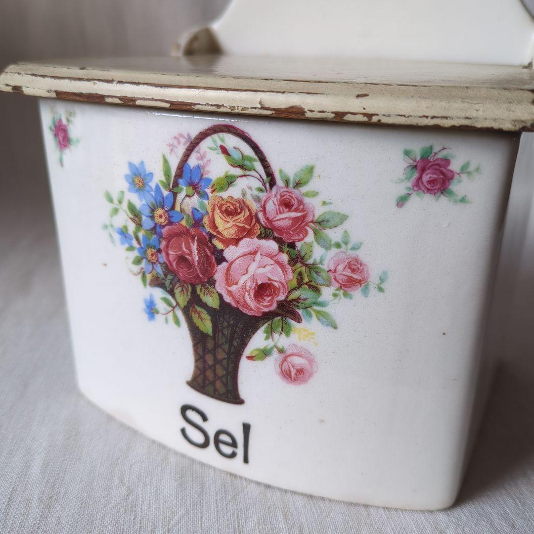 フランスアンティーク バラ柄の陶器のキャニスター6個セット& SELボックス