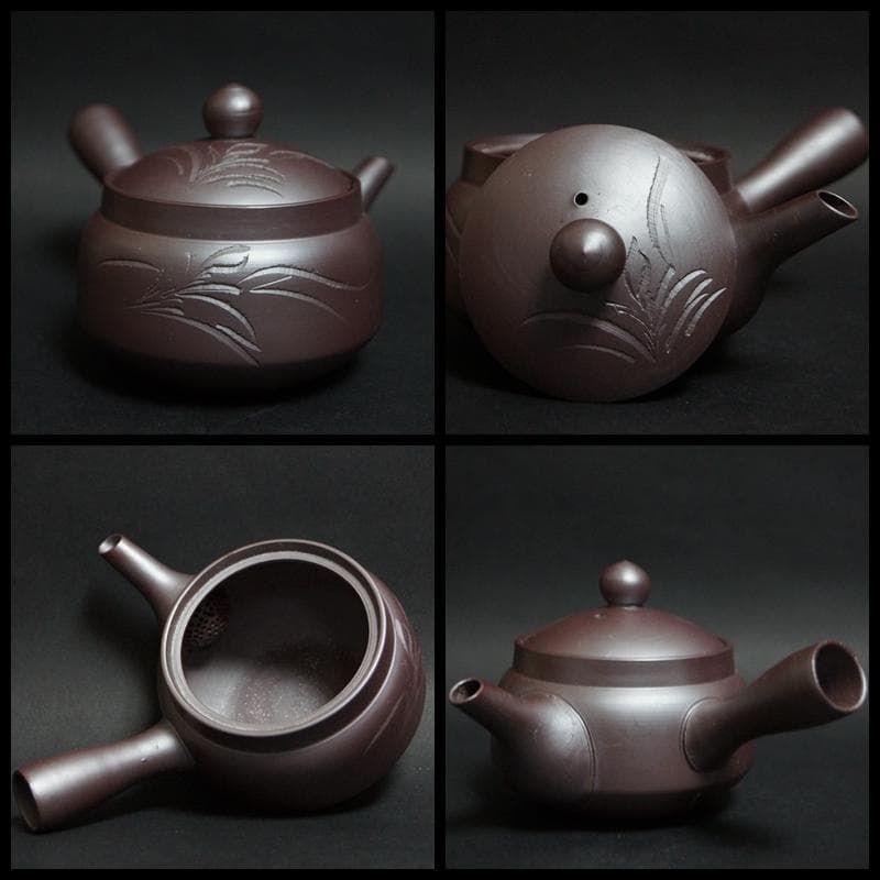 萬古焼 昇龍園造 細工彫『花文』紫泥 急須 湯冷まし 煎茶碗(