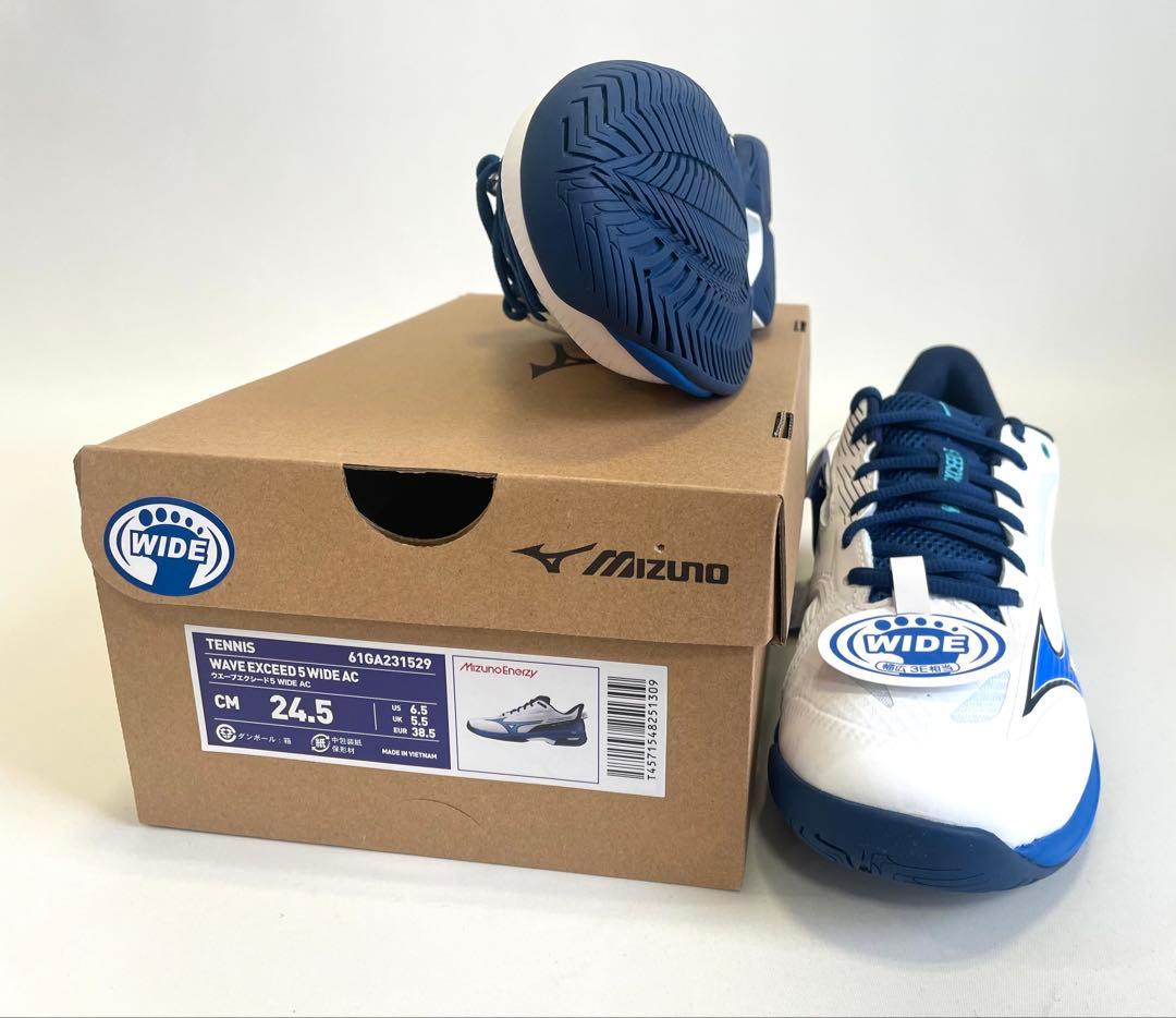 ミズノ【24.5cm】61GA231529 テニスシューズ ワイドモデル 白×青