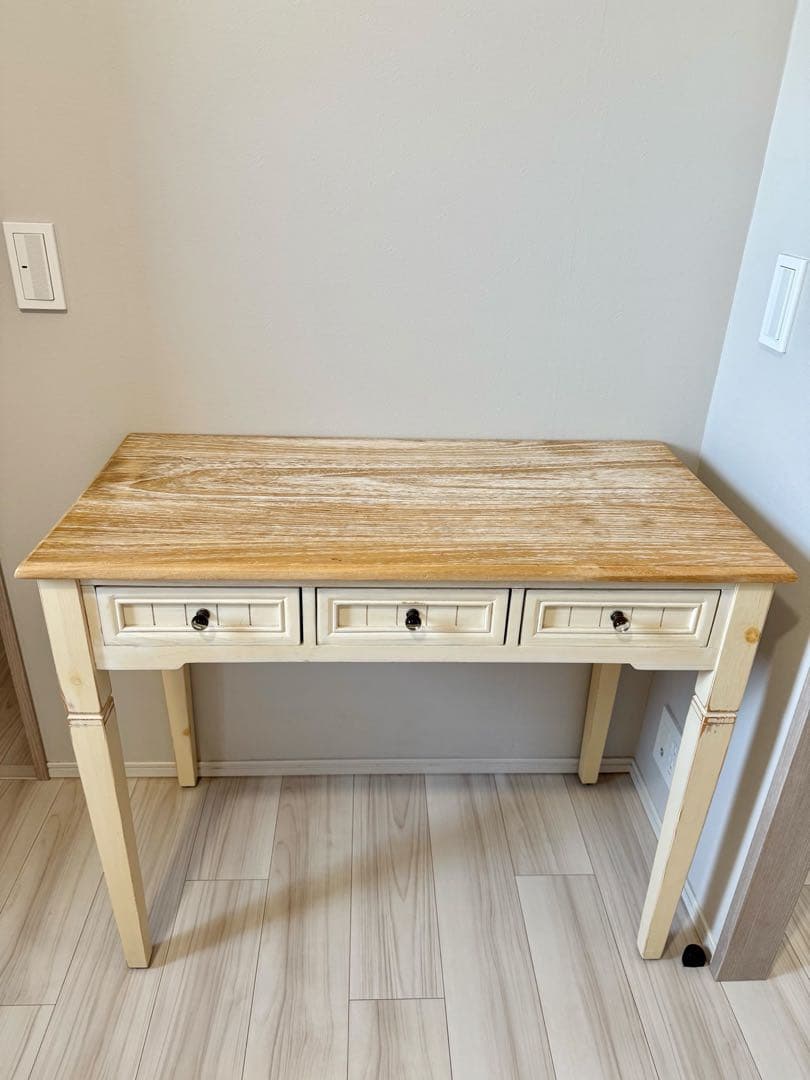 B-COMPANY アイボリー 木製テーブル 3引き出し