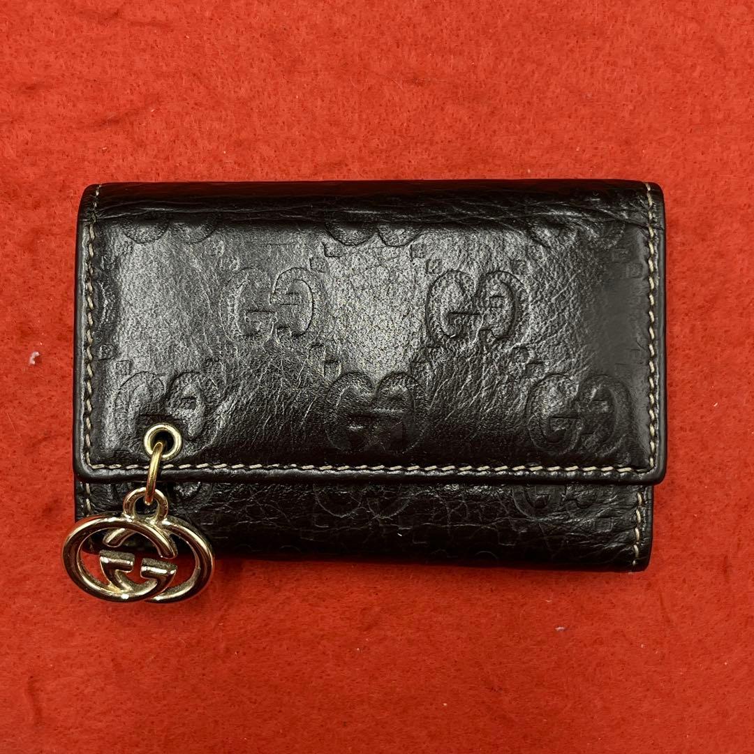【極美品】グッチ GG柄 ロゴ キーケース ゴールド金具 レザー ダークブラウン