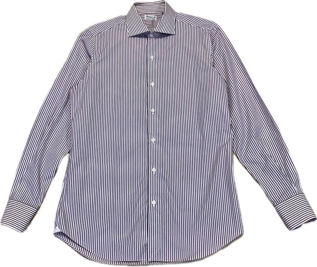 美品☆フィナモレ♂コットンホリゾンタルカラービジネスドレスシャツ