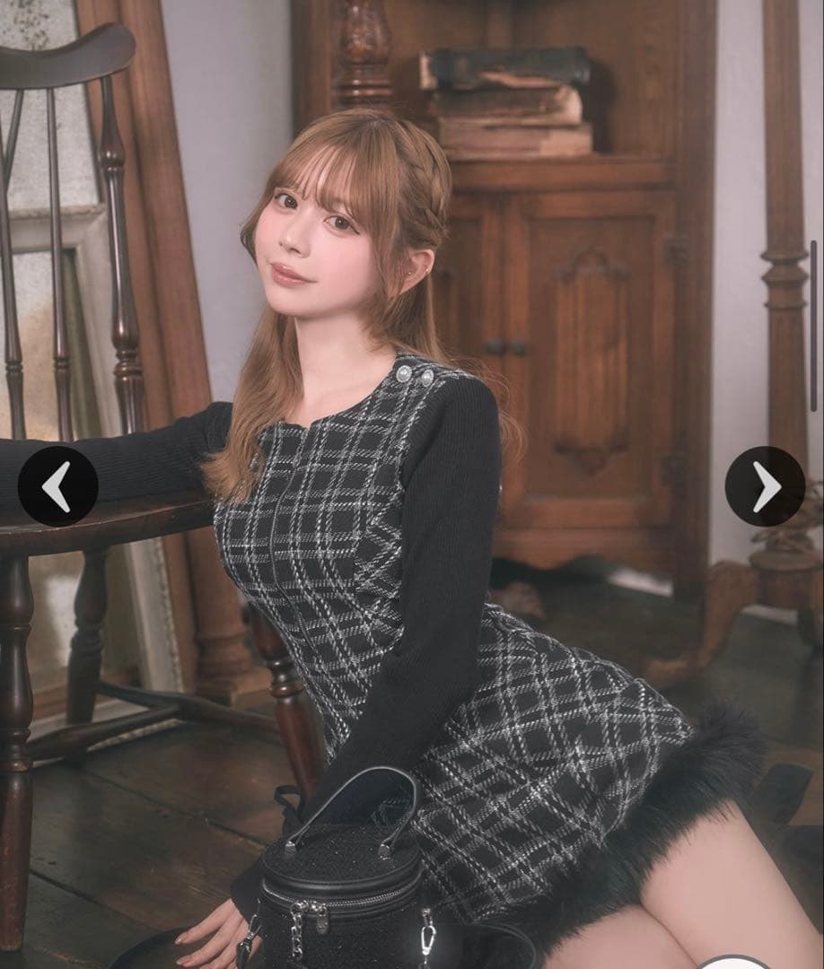 ミシェルマカロン ツイードチェックドッキングワンピース ブラック