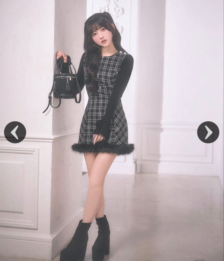 ミシェルマカロン ツイードチェックドッキングワンピース ブラック