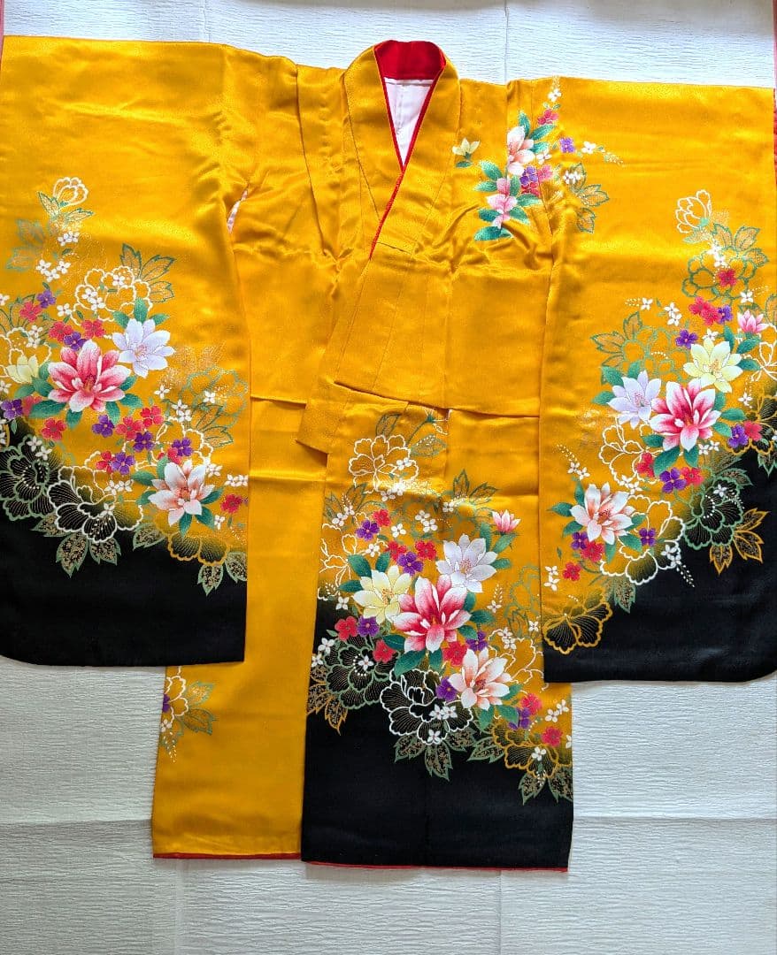 七五三 着物セット はこせこセット7歳子供用 花柄山吹レトロモダンフルセット