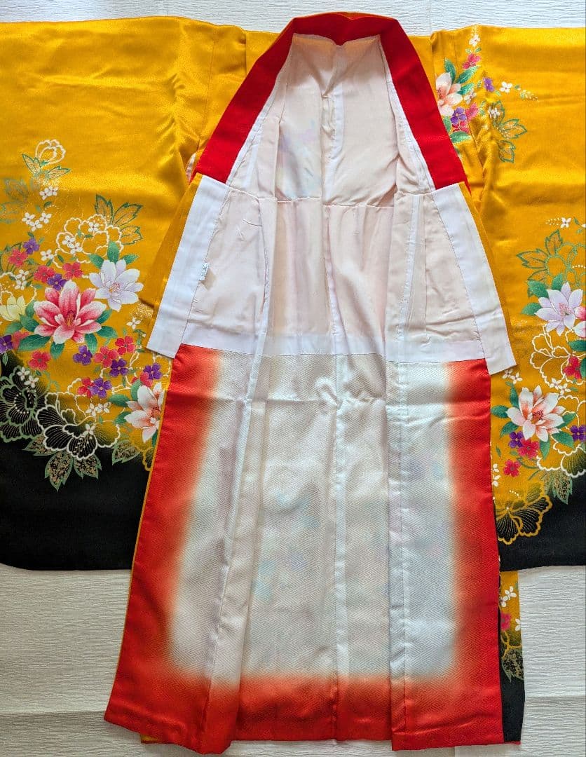 七五三 着物セット はこせこセット7歳子供用 花柄山吹レトロモダンフルセット