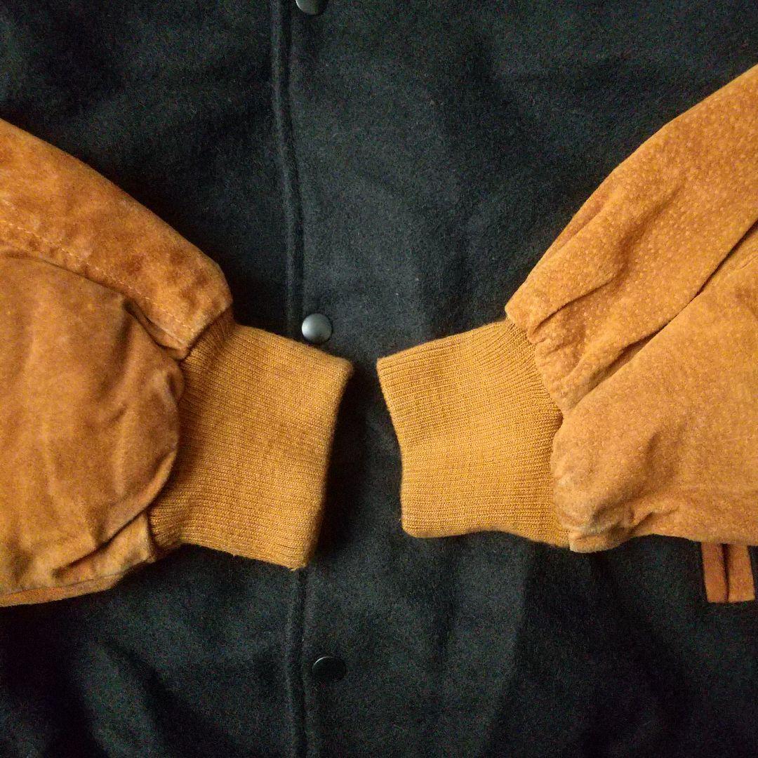 カナダ製 両面刺繍 企業ロゴ 袖レザー 裏地総柄 ウール スタジャン XL