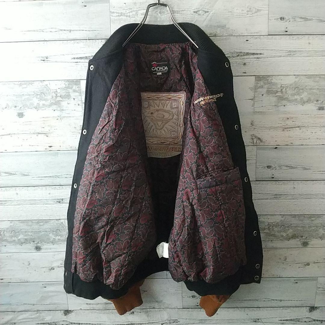 カナダ製 両面刺繍 企業ロゴ 袖レザー 裏地総柄 ウール スタジャン XL